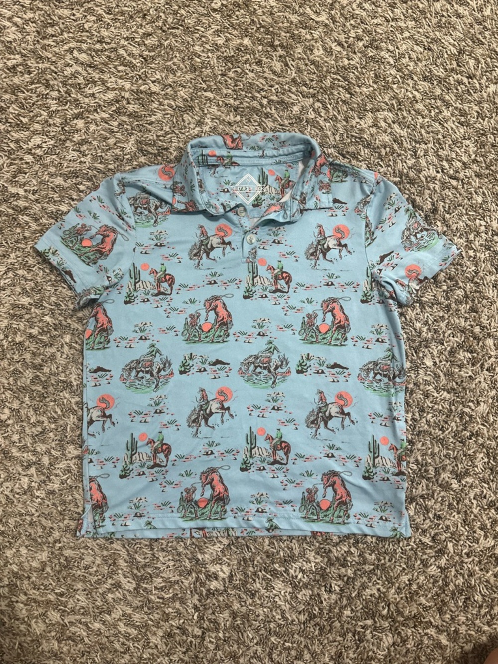 Boys youth M (8) BURLEBO Light Blue Desert & Cowboy Print Polo